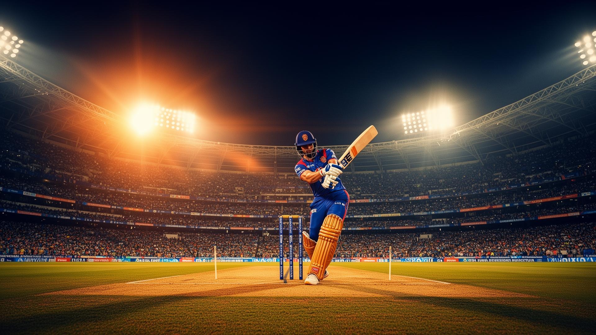A batter strikes the ball under stadium floodlights