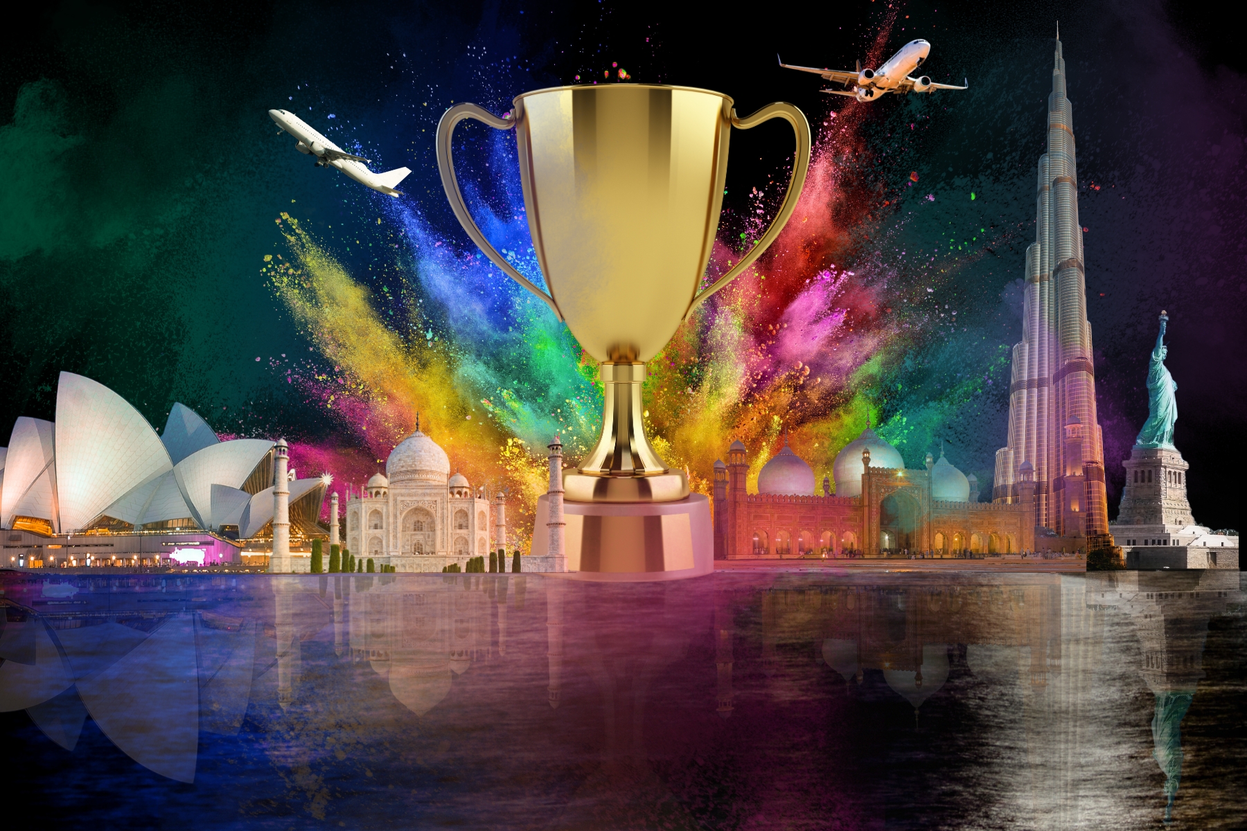 Trophy surrounded by world landmarks and colour