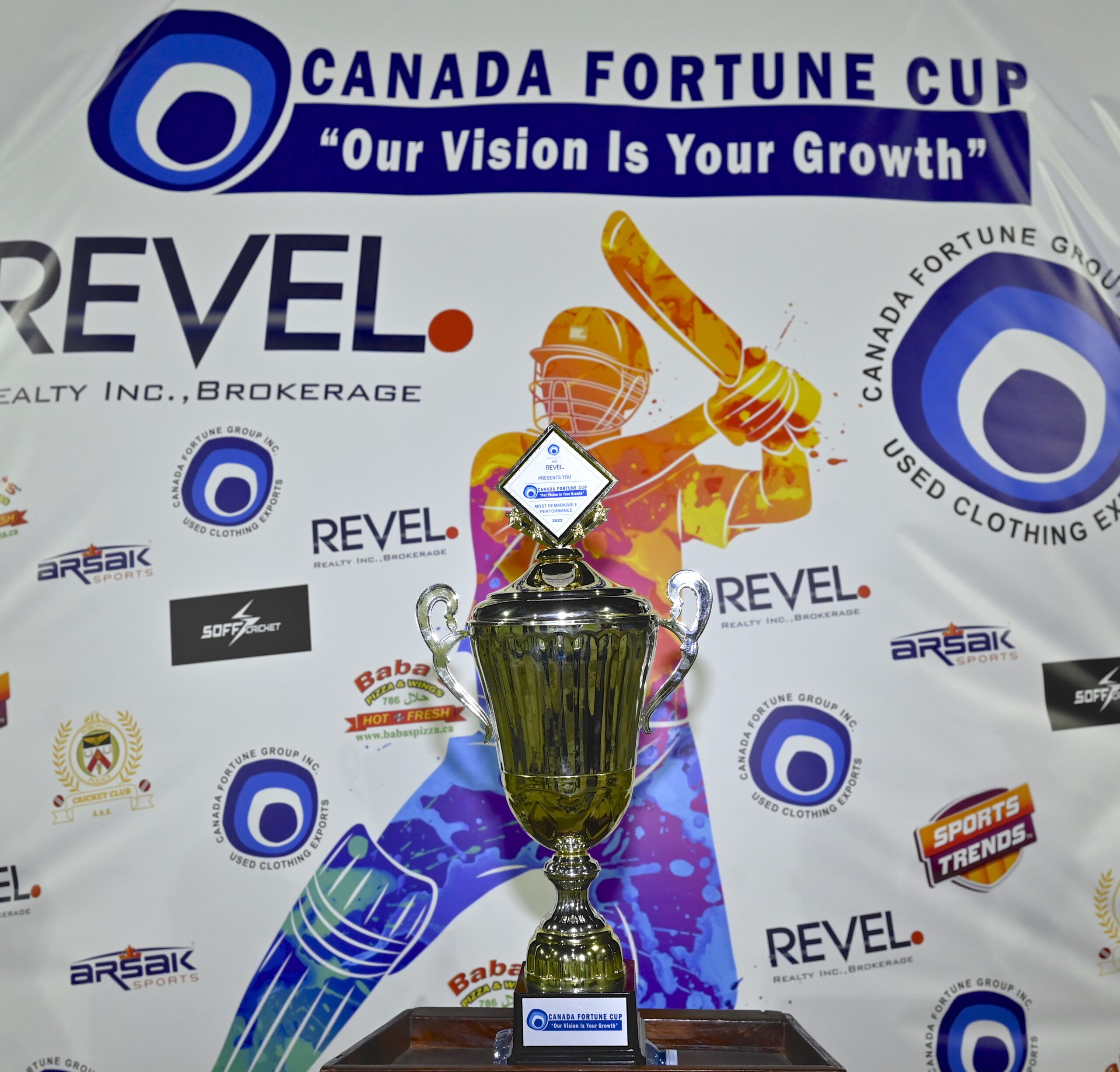 Canada Fortune Cup trophy on display with sponsor backdrop
